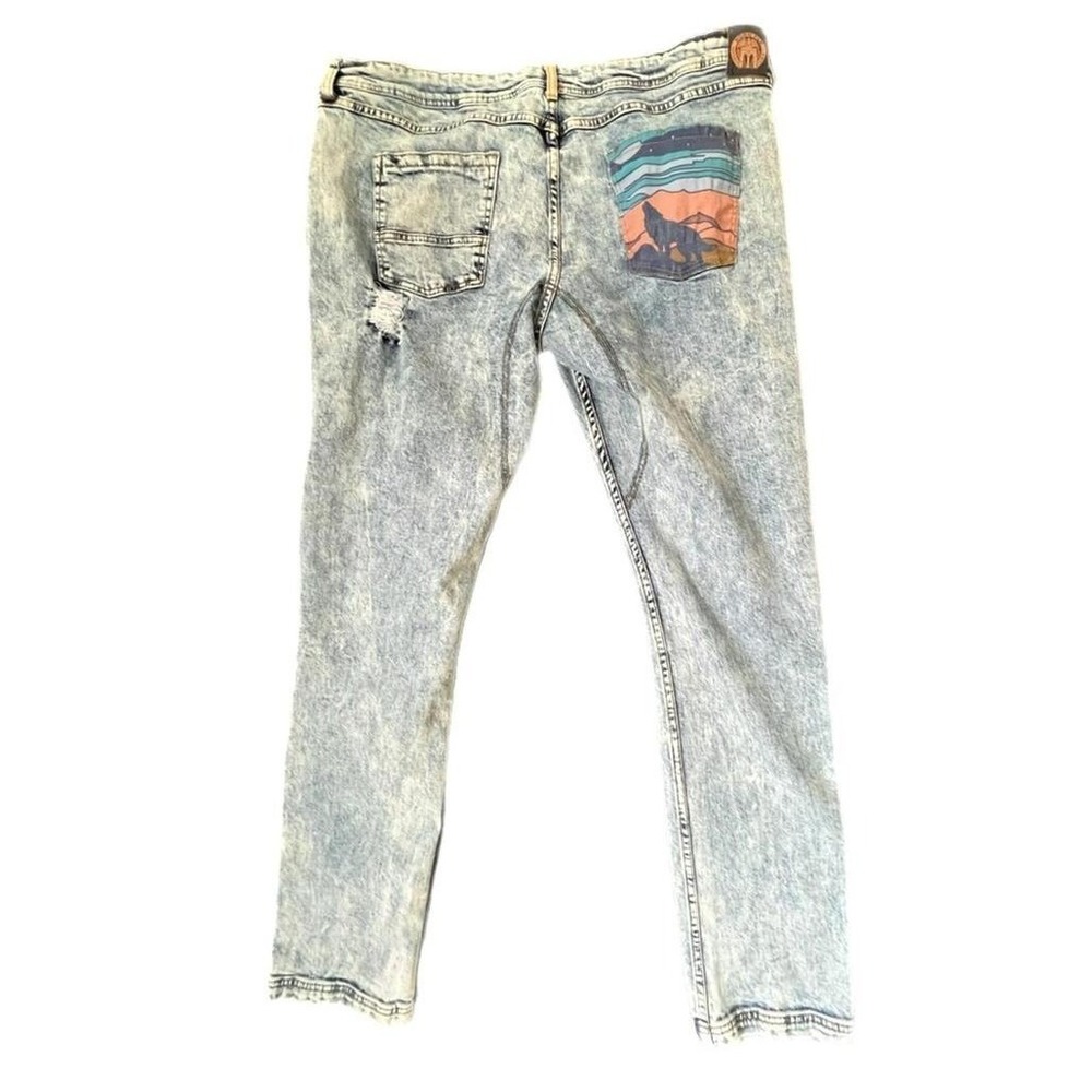 Vintage Born Fly Distressed Acid Wash Jeans w/ Back Pocket Southwest Design - 40